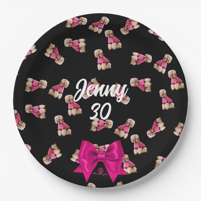 Oodles Of Poodles (Pink on Black) Party Paper Plates (Front)