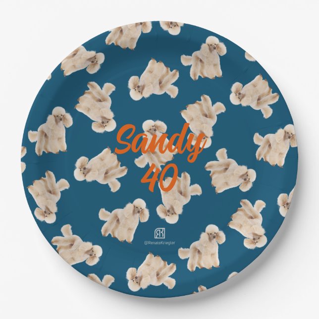 Oodles Of Poodles (White on Blue) Garden Party Paper Plates (Front)