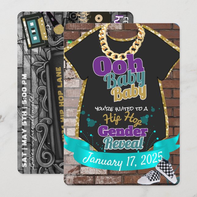 Ooh Baby Baby|Purple & Teal Hip Hop Gender Reveal Invitation (Front/Back)