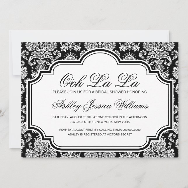 Ooh La La Black And White Damask Bridal Shower Invitation (Front)