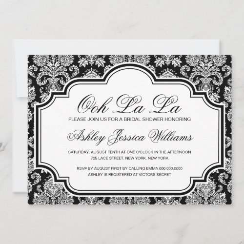 Ooh La La Black And White Damask Bridal Shower Invitation