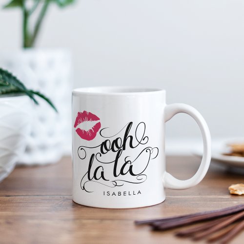 Ooh La La Black  Pink Lip Print Typography Coffee Mug