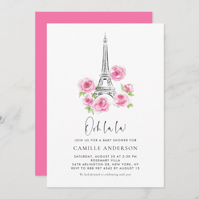 Ooh la la Eiffel Tower Pink Floral Baby Shower Invitation (Front/Back)