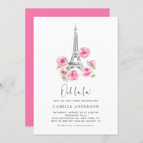 Ooh la la Eiffel Tower Pink Floral Baby Shower Invitation