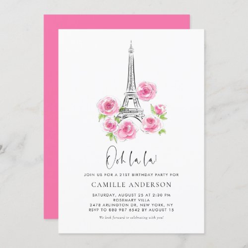 Ooh la la Eiffel Tower Pink Floral Birthday Party Invitation