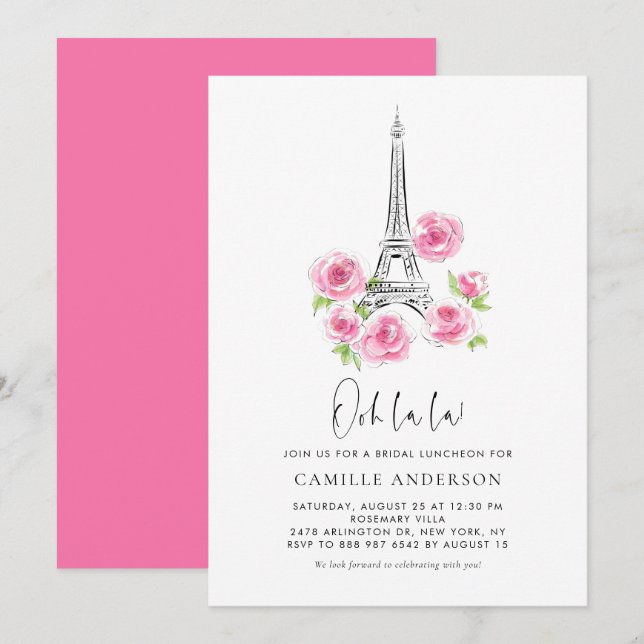 Ooh la la Eiffel Tower Pink Floral Bridal Luncheon Invitation (Front/Back)