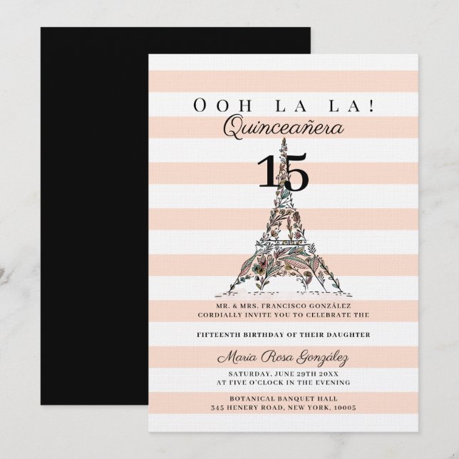 Ooh La La Floral Eiffel Tower Paris Quinceañera Invitation (Front/Back)