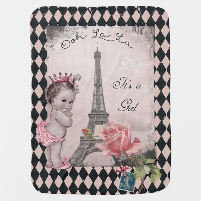 Ooh La La It's a Girl Princess Eiffel Tower Baby Blanket (Front)
