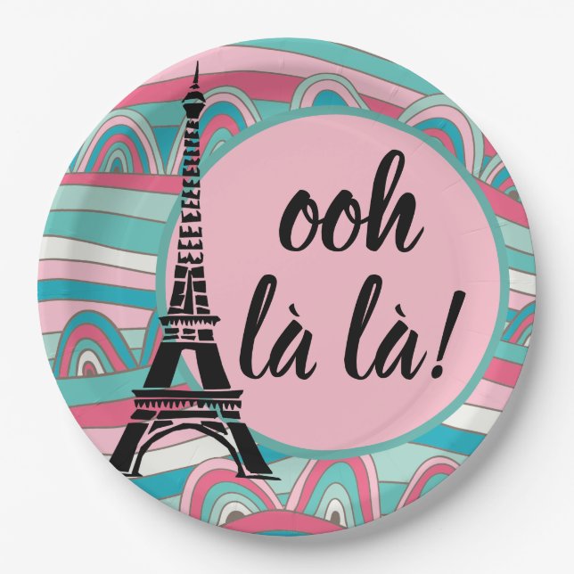 Ooh la la/ Monogram French Chic Eiffel Tower Paper Plates (Front)