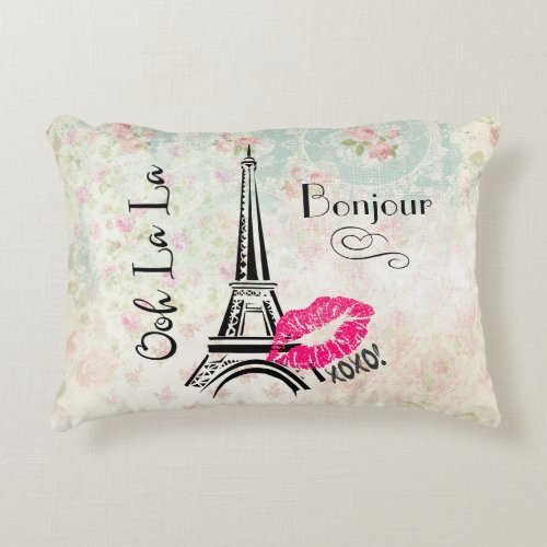 Ooh La La Paris Eiffel Tower on Vintage Pattern Decorative Pillow
