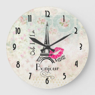 Ooh La La Paris Eiffel Tower on Vintage Pattern Large Clock