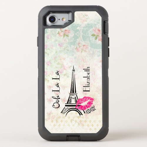 Ooh La La Paris Eiffel Tower on Vintage Pattern OtterBox Defender iPhone SE87 Case