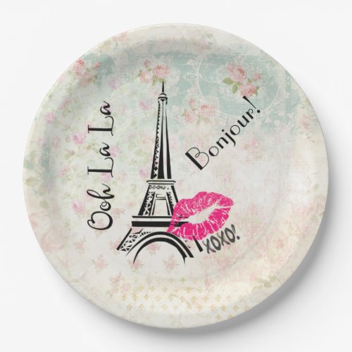 Ooh La La Paris Eiffel Tower on Vintage Pattern Paper Plates