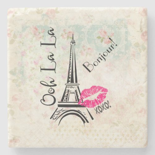 Ooh La La Paris Eiffel Tower on Vintage Pattern Stone Coaster