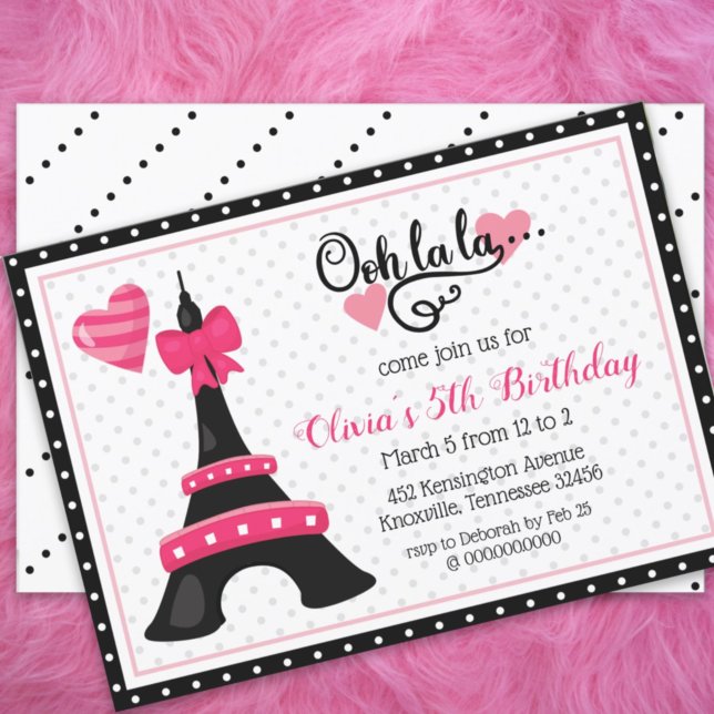 Ooh la la Paris Eiffel Tower Pink and Black Party Invitation (Creator Uploaded)