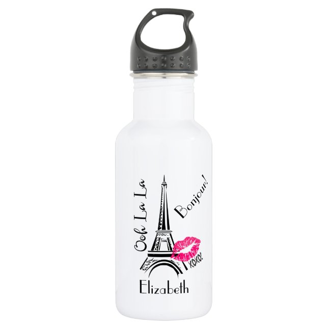 Ooh La La Paris Eiffel Tower with Pink Lips Stainless Steel Water Bottle (Front)