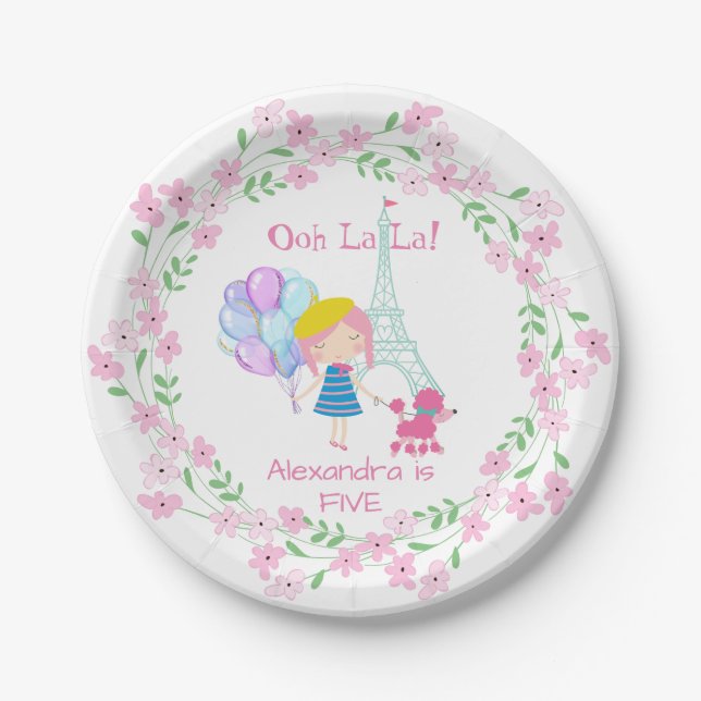 Ooh La La! Paris Girl & Pink Poodle Paper Plates (Front)