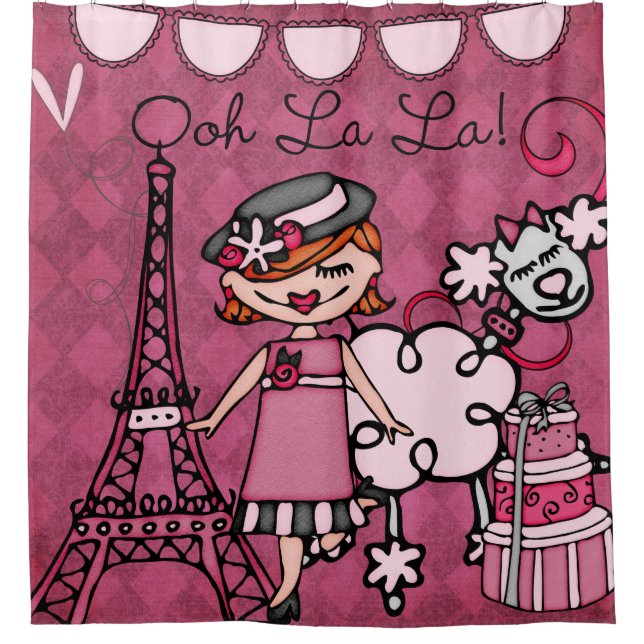 Ooh La La Red Haired Diva Eiffel Tower Poodle Shower Curtain (Front)