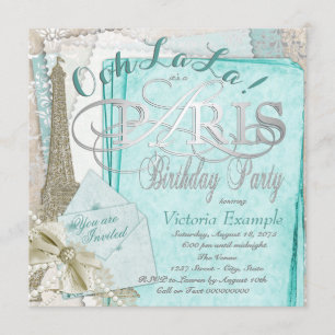 Ooh La La Teal Vintage Paris Birthday Party Invitation