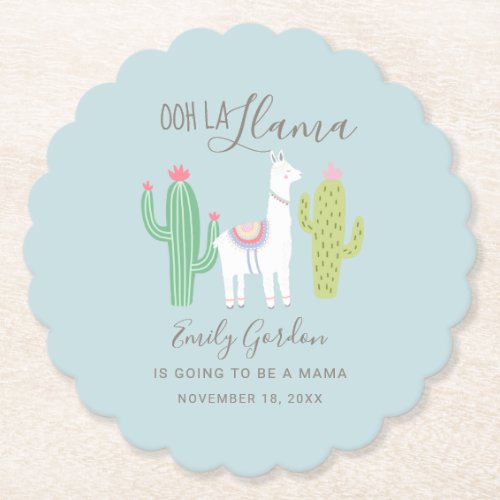 Ooh La Llama Baby Shower Blue Cute Boy Paper Coaster