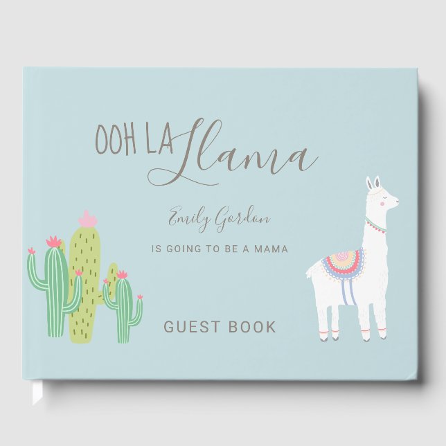 Ooh La Llama Baby Shower Blue Succulents Cute Guest Book (Front)
