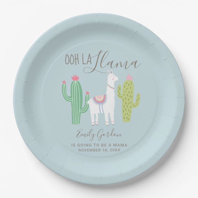 Ooh la llama Baby shower cute baby boy blue brown Paper Plates (Front)