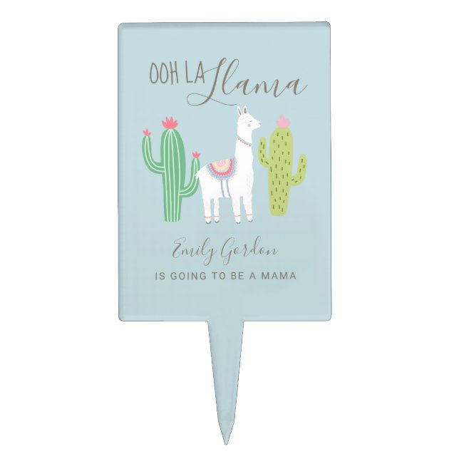 Ooh La Llama Baby Shower Cute Blue Brown Simple  Cake Topper (Front)