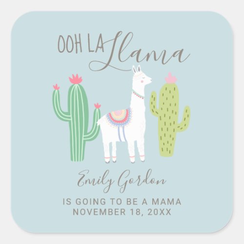 Ooh La Llama Baby Shower Cute Blue Brown Simple Square Sticker