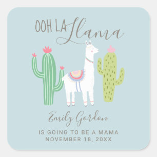 Ooh La Llama Baby Shower Cute Blue Brown Simple Square Sticker