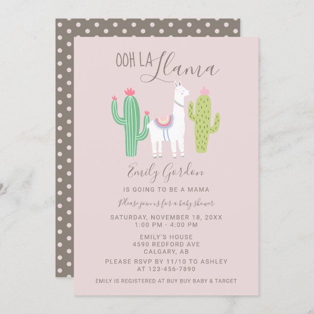 Ooh La Llama Baby Shower cute pink & brown simple Invitation (Front/Back)