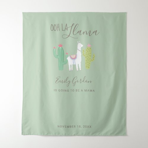 Ooh La Llama Baby Shower Green Background Cute Tapestry