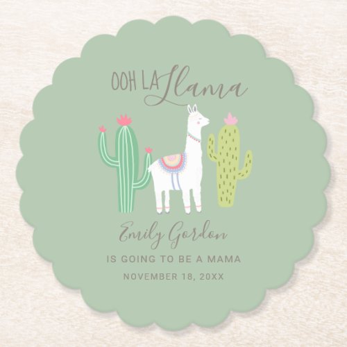 Ooh La Llama Baby Shower green cute boy Paper Coaster