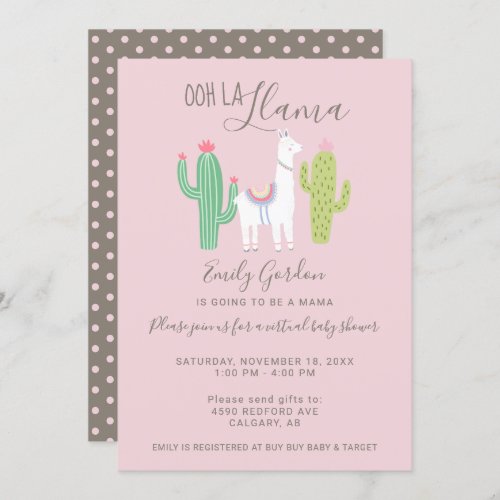 Ooh La Llama Virtual Baby Shower cute pink brown Invitation