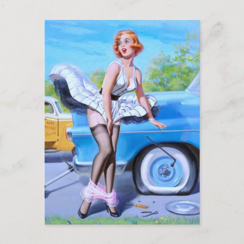 Oops Flat Tire Pin Up Postcard