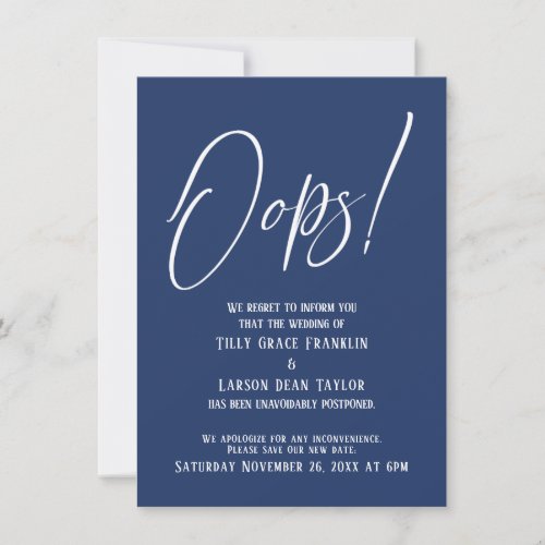 Oops Funny Delayed Wedding Simple Navy Card