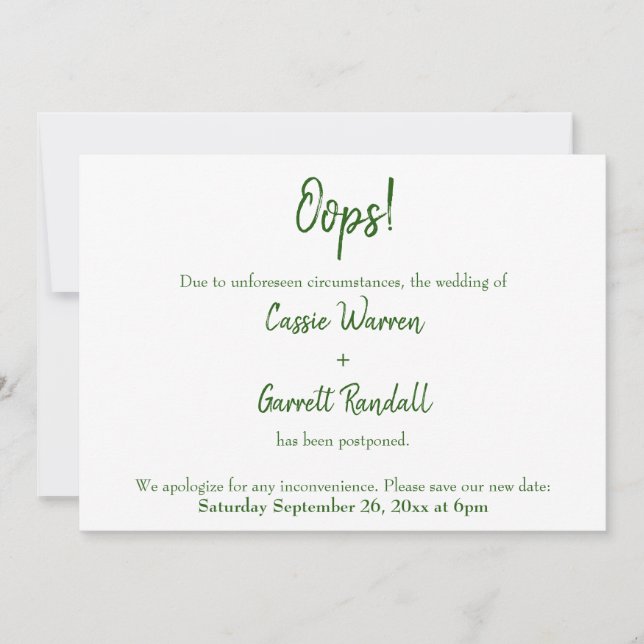 Oops! Green & White Postponed Wedding Announcement (Front)