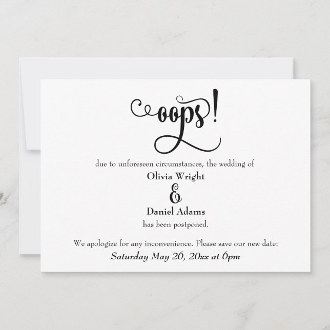 "Oops!" Humorous Postponed Wedding Announcement (Front)