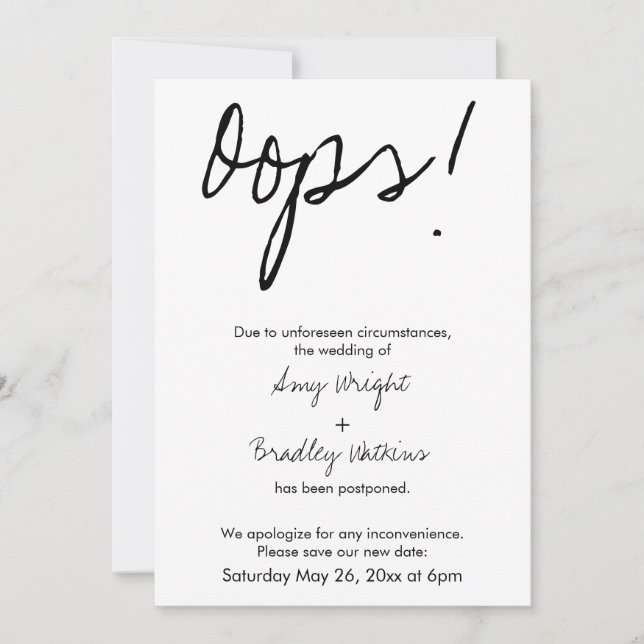 "Oops!" Humorous Postponed Wedding Announcement (Front)