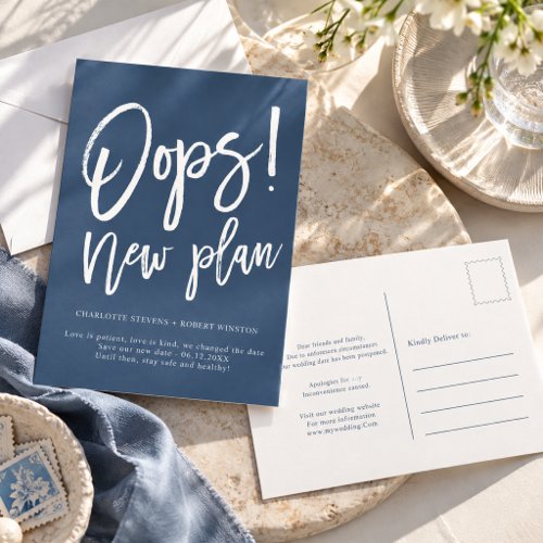 Oops New Plan Navy Blue Wedding Change the Date Announcement Postcard