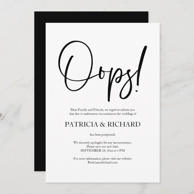 Oops Simple Chic Wedding Postponed Announcement (Front/Back)