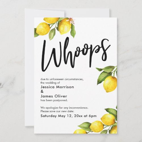 Oops Watercolor Lemons Postponed Wedding Card