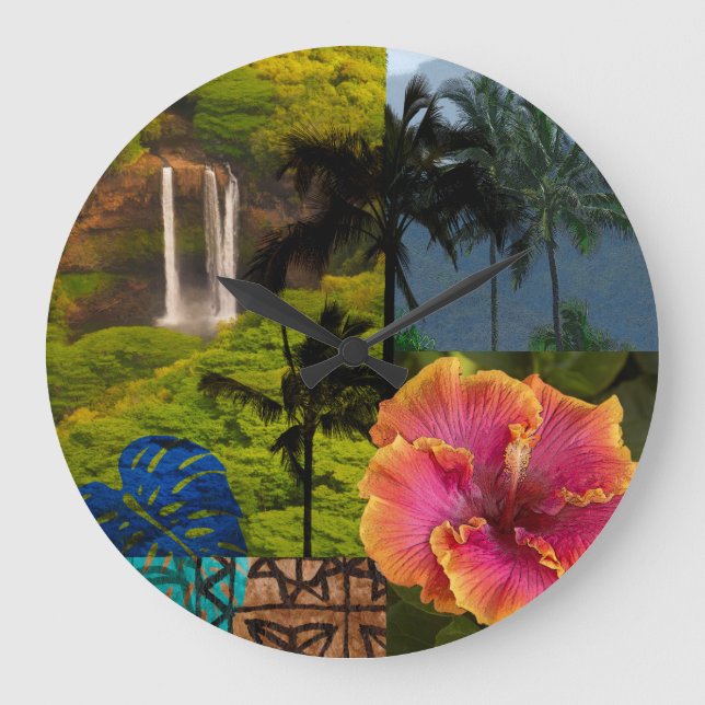 Opaeka'a Falls, Kauai Hawaiian Collage Large Clock (Front)