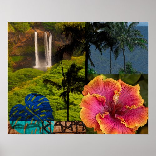 Opaekaa Falls Kauai Hawaiian Collage Poster