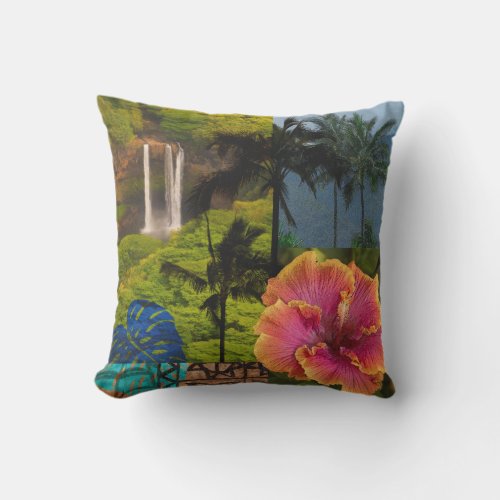 Opaekaa Falls Kauai Hawaiian Collage Reversible Outdoor Pillow