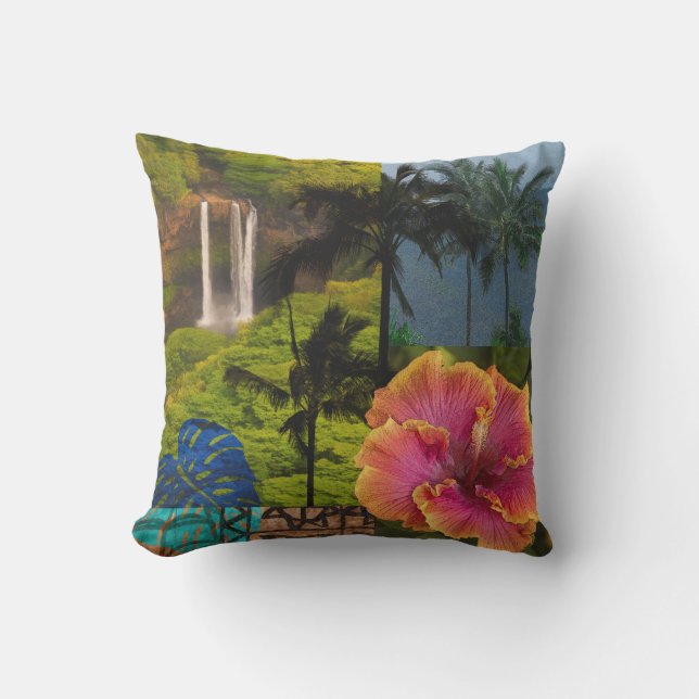 Opaeka'a Falls, Kauai Hawaiian Collage Reversible Outdoor Pillow (Front)