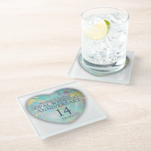Opal 14th Wedding Anniversary Heart Glass Coaster