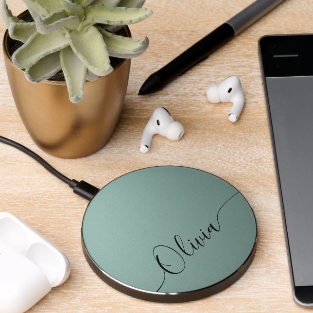 Opal Blue Shimmer Elegant Calligraphy Script Name Wireless Charger (Desk 2)