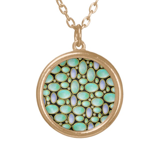 Opal Brooch Gem Gemstone Turquoise Pattern Gold Plated Necklace (Front)