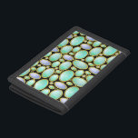 Opal Brooch Gem Gemstone Turquoise Pattern Tri-fold Wallet<br><div class="desc">This wallet has a pretty opal brooch pendant pattern with gold chains. This unique printed design is made to look like opals arranged in a sort of mosaic on a black, customizable background. The oval shapes have an opaque mother-of-pearl feel with swirls of blue, green and white. It's a beautiful,...</div>