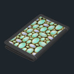 Opal Brooch Gem Gemstone Turquoise Pattern Tri-fold Wallet<br><div class="desc">This wallet has a pretty opal brooch pendant pattern with gold chains. This unique printed design is made to look like opals arranged in a sort of mosaic on a black, customizable background. The oval shapes have an opaque mother-of-pearl feel with swirls of blue, green and white. It's a beautiful,...</div>